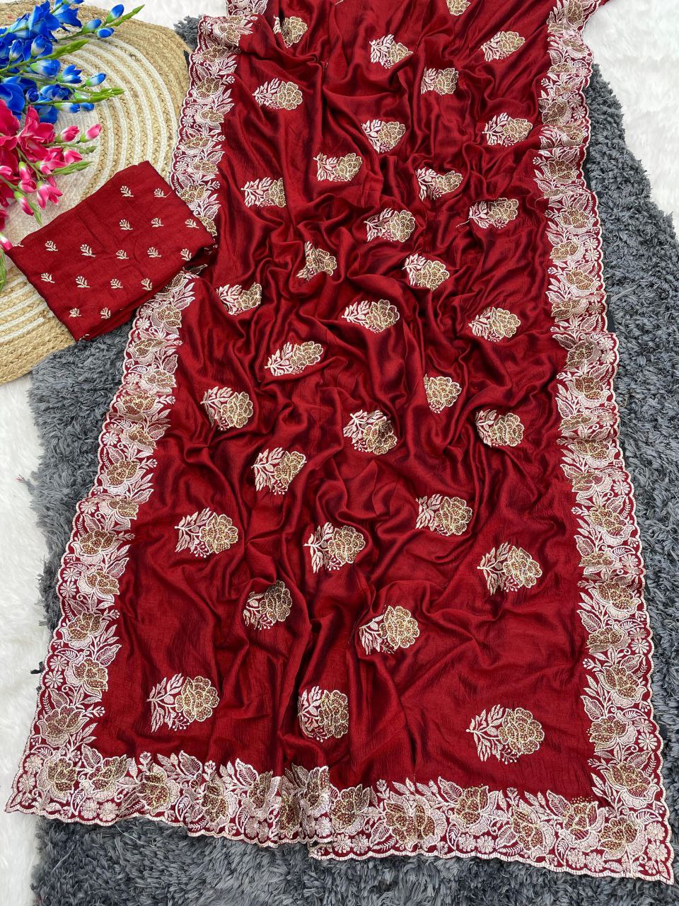 Beautiful Vichitra Silk Maroon Color Saree