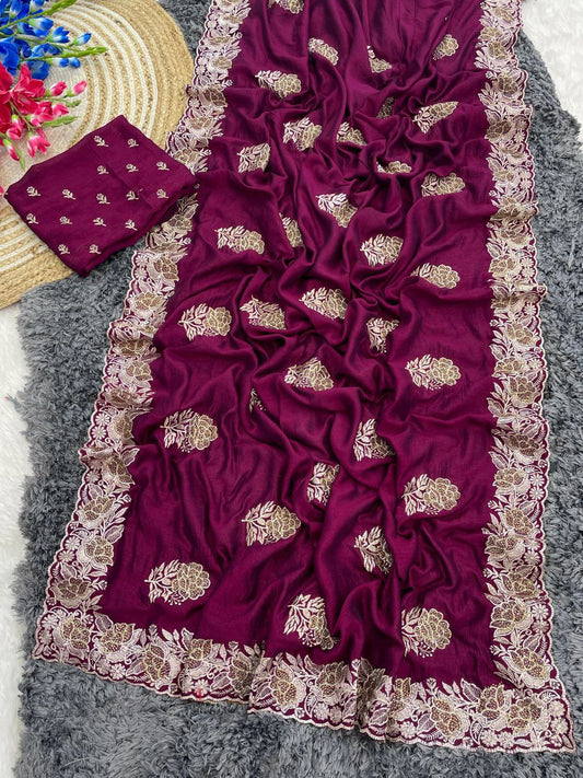 Beautiful Vichitra Silk Rani Pink Color Saree