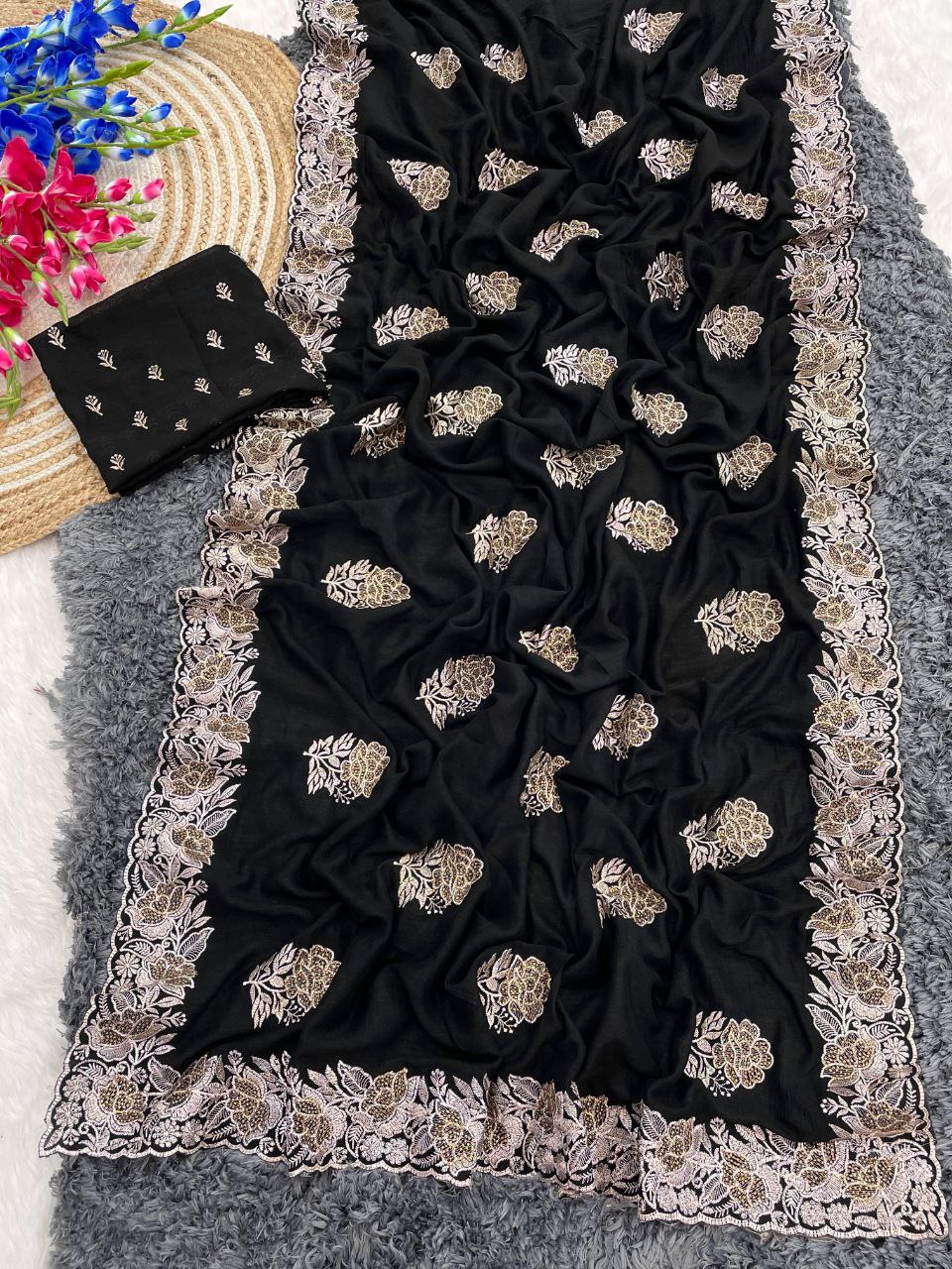 Beautiful Vichitra Silk Black Color Saree