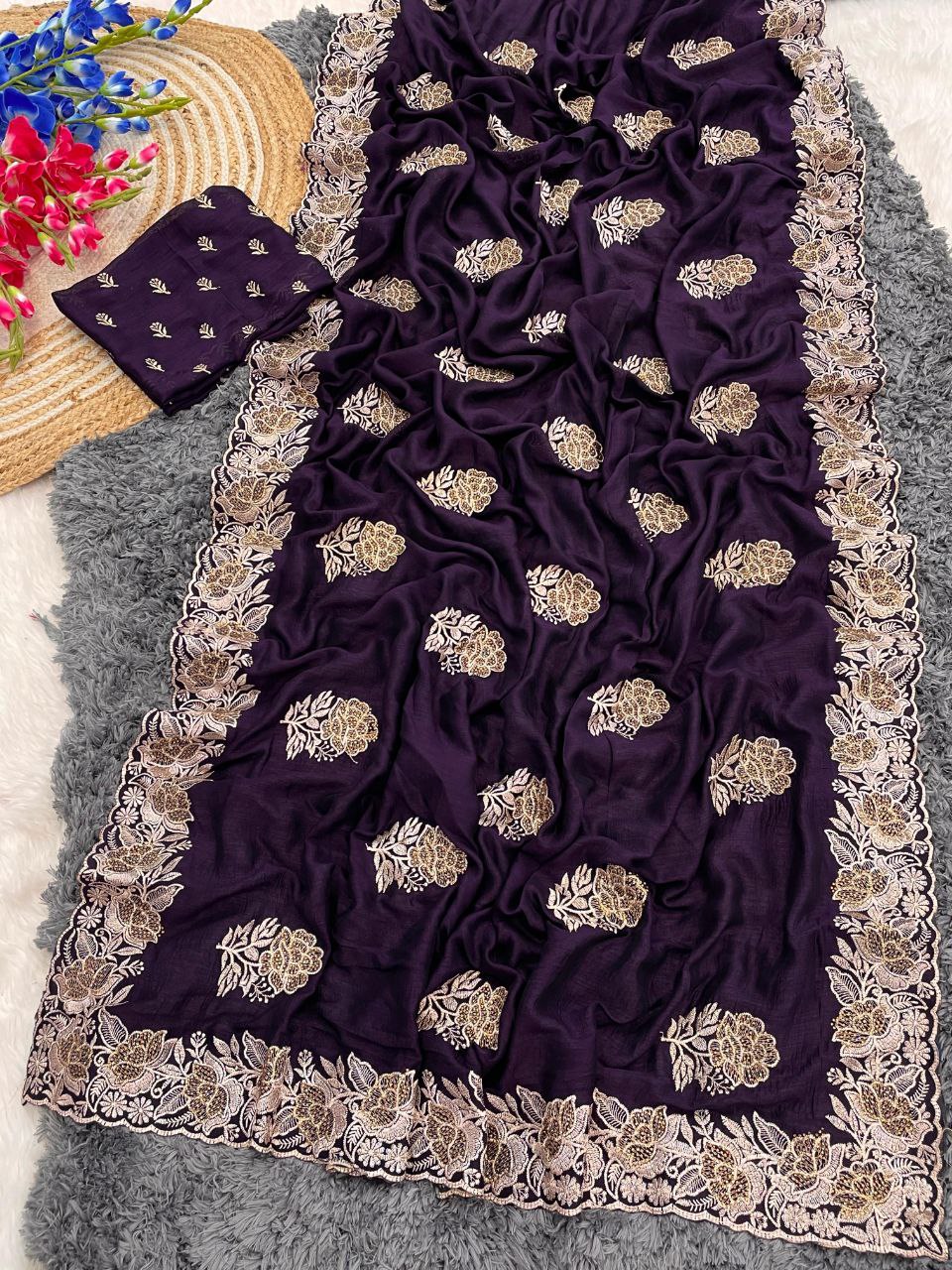 Beautiful Vichitra Silk Wine Color Saree