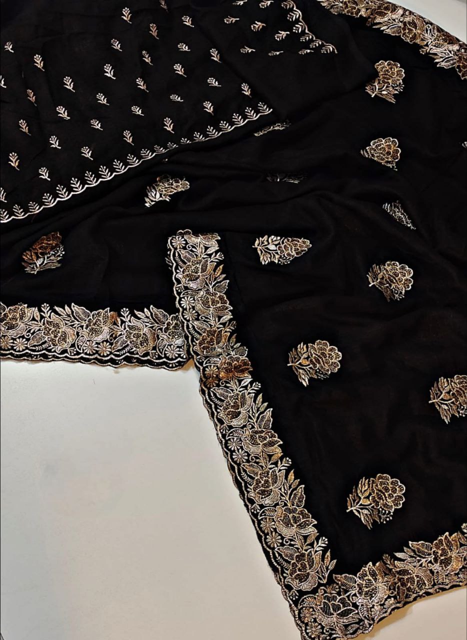 Beautiful Vichitra Silk Black Color Saree