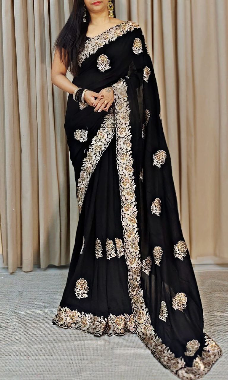 Beautiful Vichitra Silk Black Color Saree