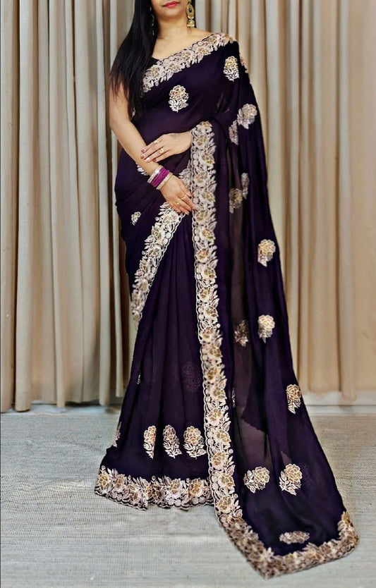 Beautiful Vichitra Silk Wine Color Saree