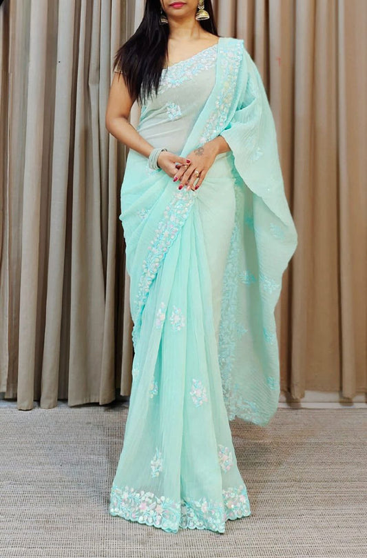 Graceful Sky Blue Color Georgette Saree