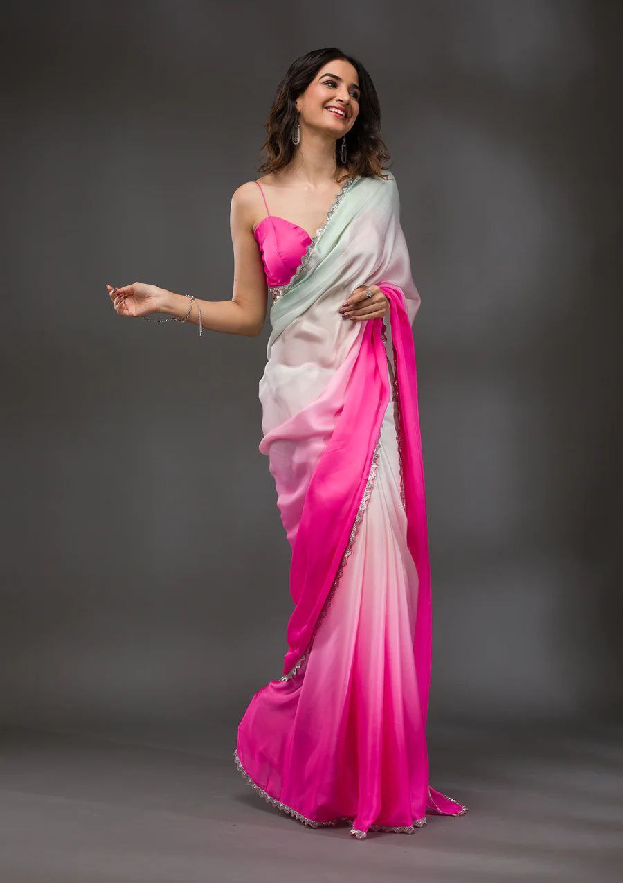 Fabulous Satin Silk Pink Color Saree