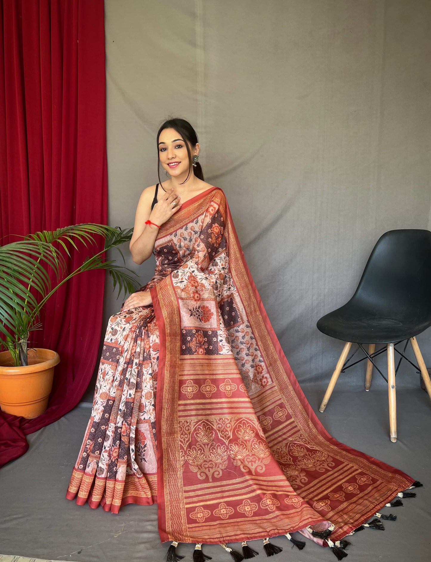 Festive Wear Cotton Kashmiri Digital Print Red Color Saree