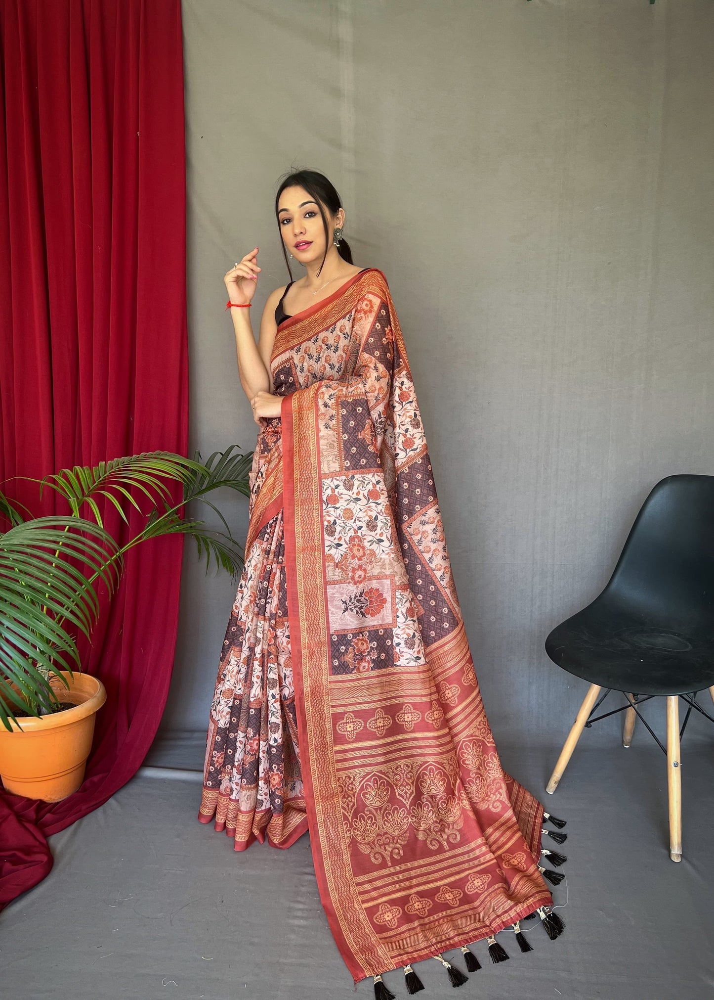 Festive Wear Cotton Kashmiri Digital Print Red Color Saree